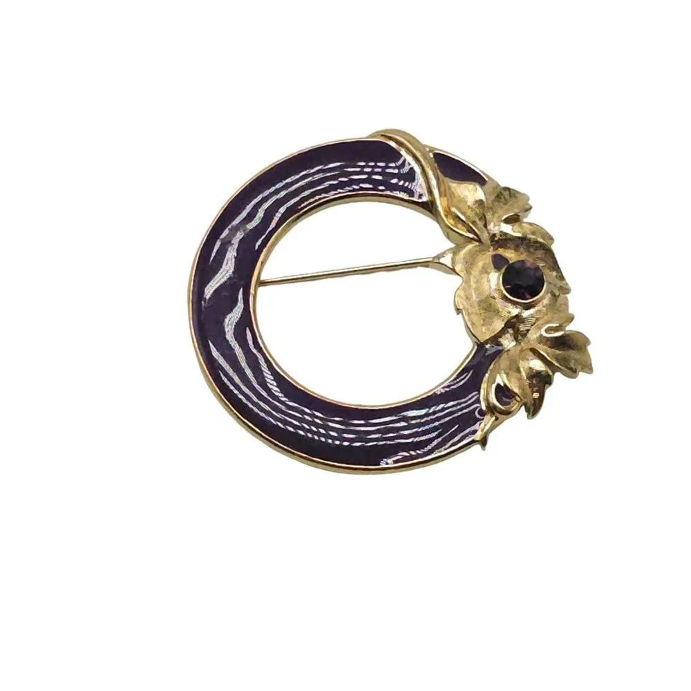 Purple Enamel Rhinestone Open Floral Wreath Brooch Pin Gold Tone Vintage